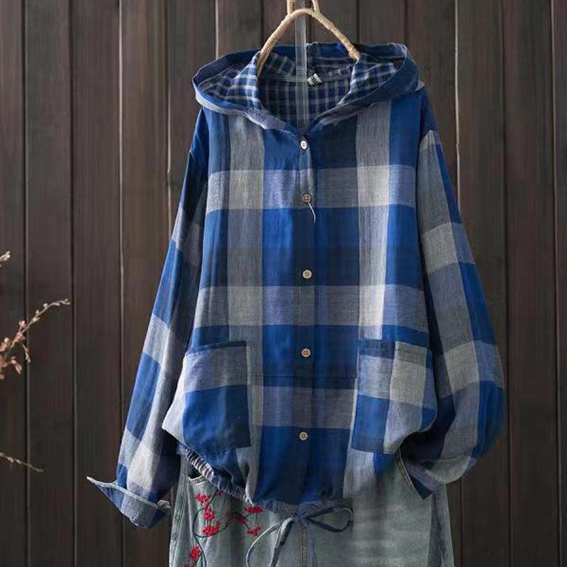 Women's Hooded Double-layer Cotton Yarn Plaid Shirt   Literary Retro Casual Cardigan Top Jacket