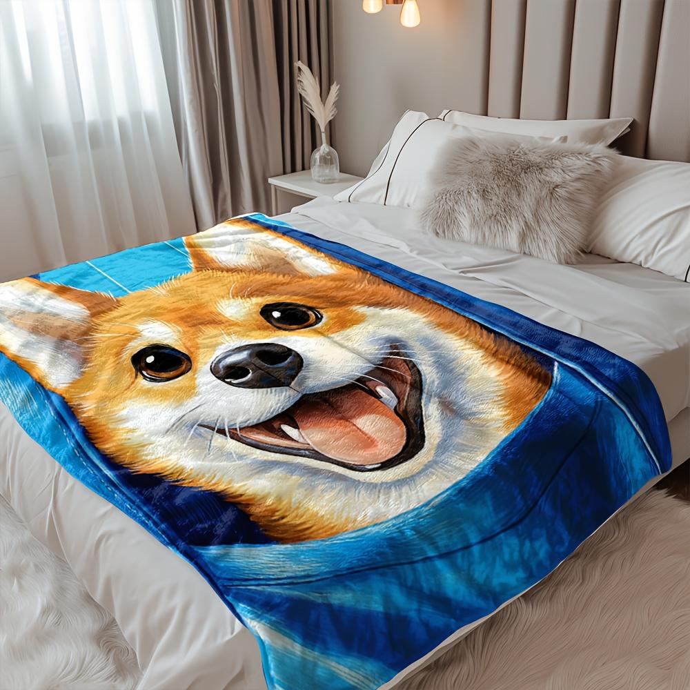 Corgi Face Print Blanket Reversible Flannel Throw for Dog Lovers AllSeason Comfort Adorable Pet Gift
