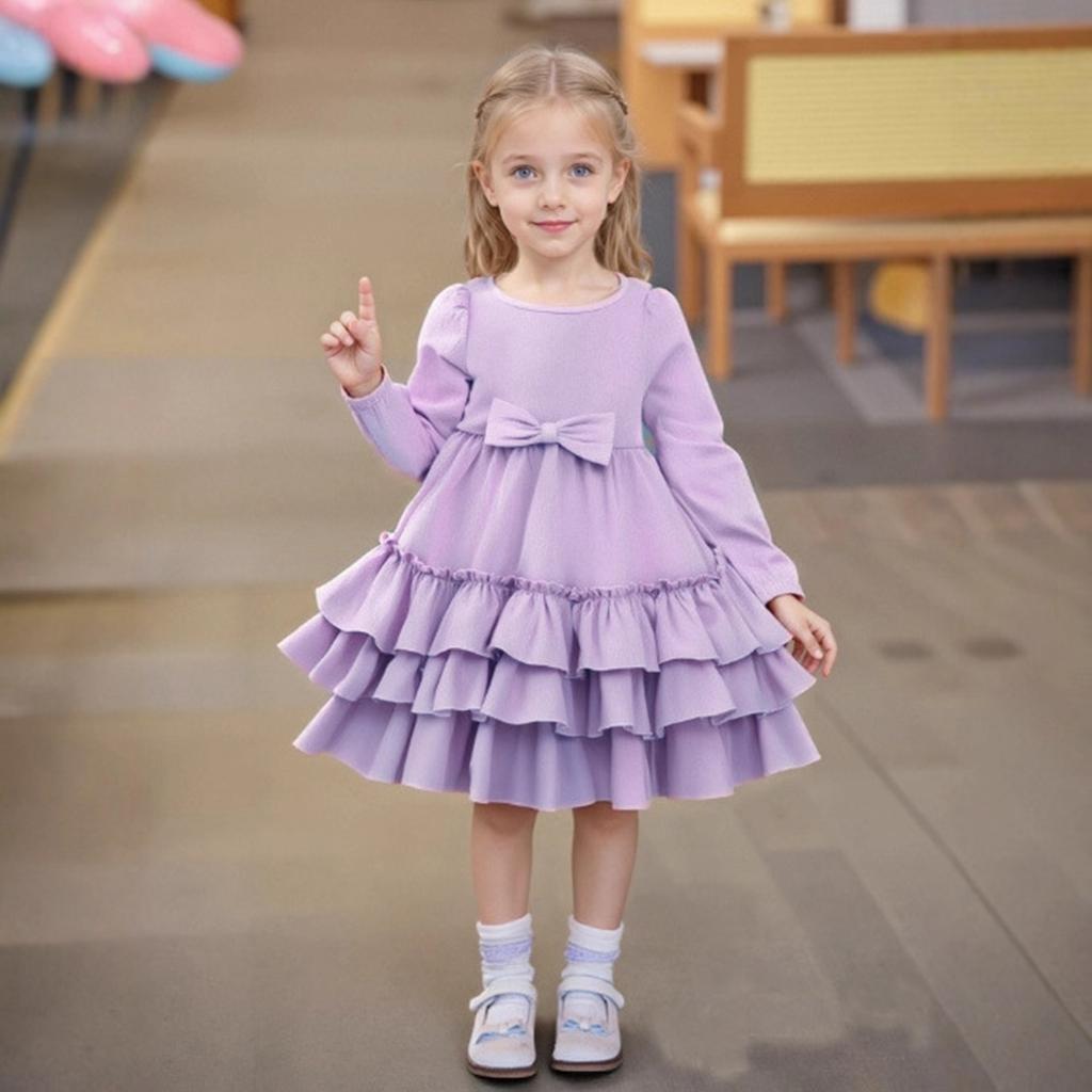 Girls' Fashionable Cute Solid-Color Stylish Children's Cake Dress Princess Dress Long-Sleeve Dress