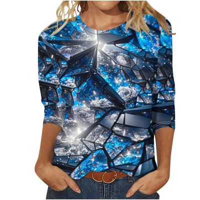 Europäisches und amerikanisches Damen-Langarm-T-Shirt mit Rundhalsausschnitt und 3D-Paillettendruck