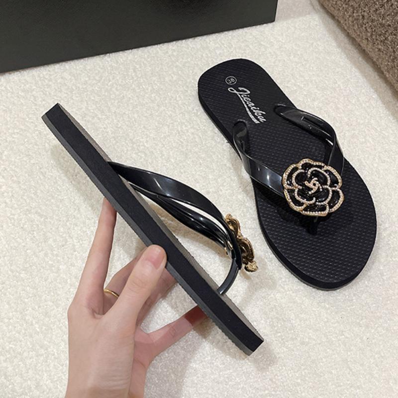 Fashion Women Camellia Flip-flops Shoes Black Flat Casual Beach Shoes 2025 Summer Peep Toe Comfort Outdoor Walking Sandal Chanclas Mujer