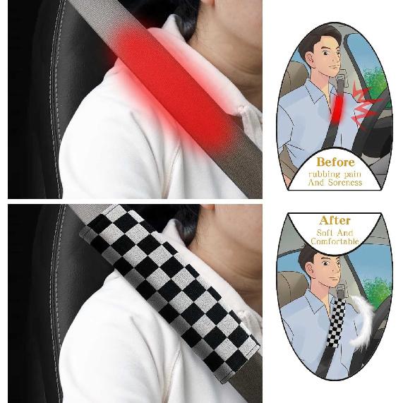 Yumikoo 2 Pack Checkered Seat Belt Covers, Black White Shoulder Pads | Soft Padded Checkered Covers Help Reduce Shoulder Pressure and Add Racing