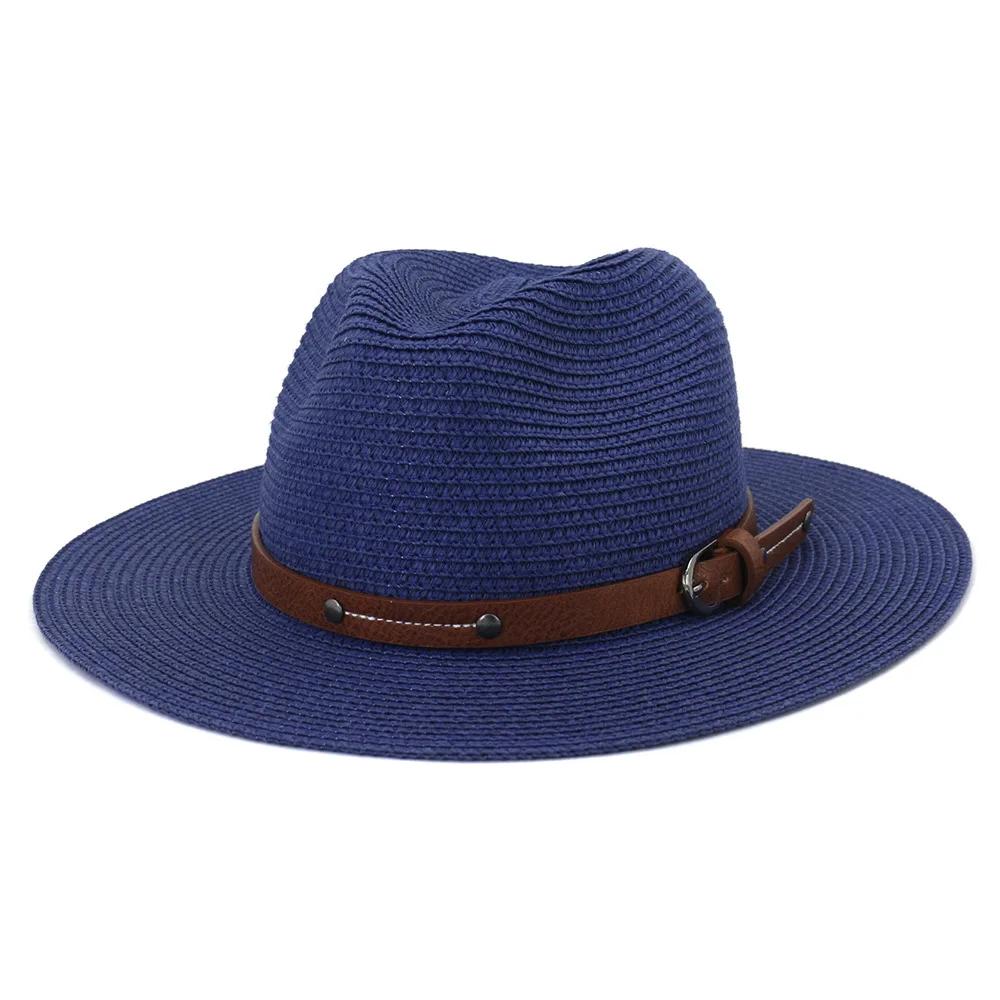 Navy Panama Hat Straw Summer Hats for Women Men Fedora Wide Brim Belt Decorate Male Female Jazz Sombrero Cap Black Pink New