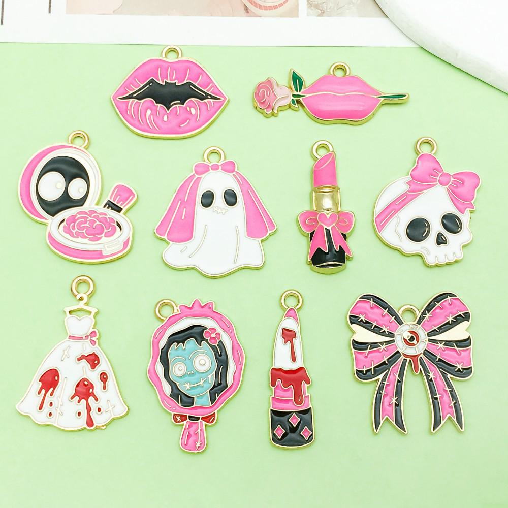 Set of 10 Mixed Rose Red and Pink Alloy Skull Pendant Charms for DIY Jewelry