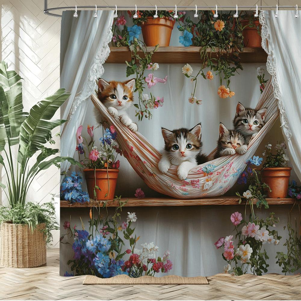 Lovely Dogs And Cats Printed Fabric Shower Curtain Bathroom Curtain,Garden Flower Animals Home Decoration Curtain With Hooks