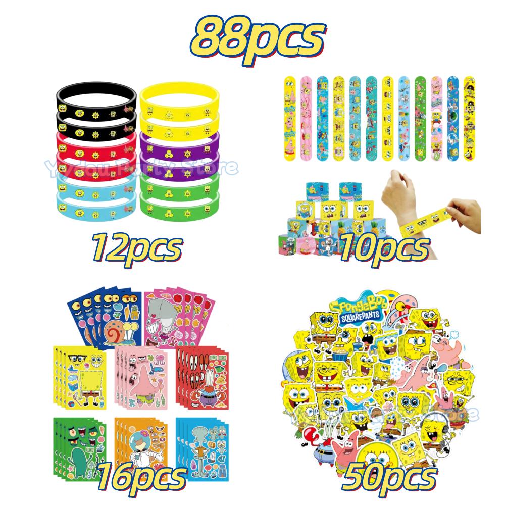 Cartoon Sponge-Bobs Party Favors Bracelet Keychain Stickers Goody Bags Fillers Carnival Prizes Kids Party Gift Birthday Supplies 5