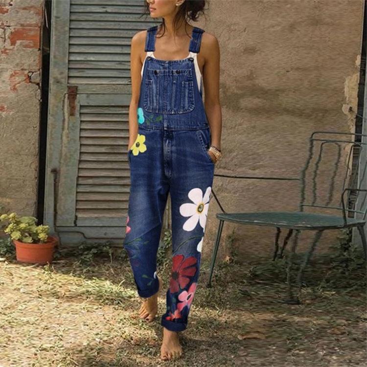 סרבל ג'ינס לאביב וקיץ לנשים סרבל מודפס פרח מכנסיים ארוכים קזואל רפויים בתוספת מידה XS-6XL