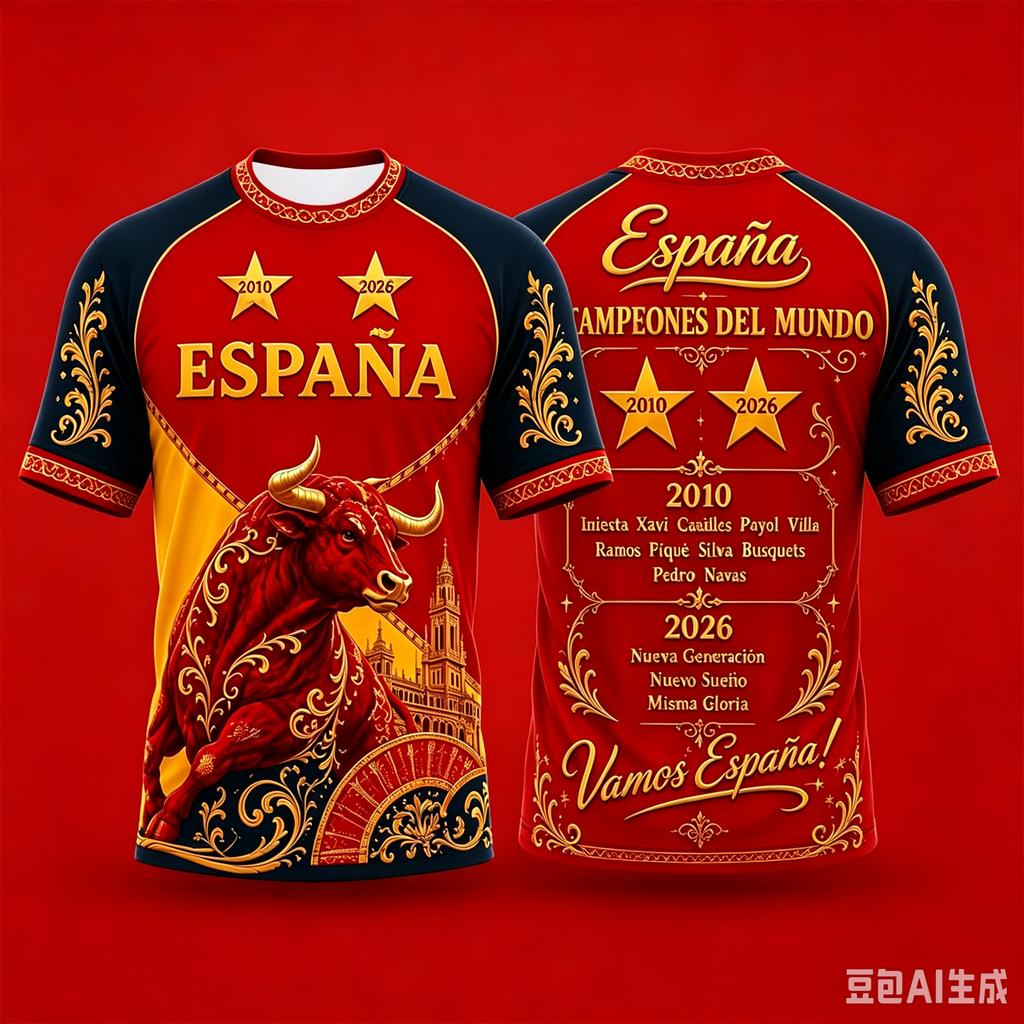 Men Two-Star Spain Commemorative Football Jersey Sports Tee
