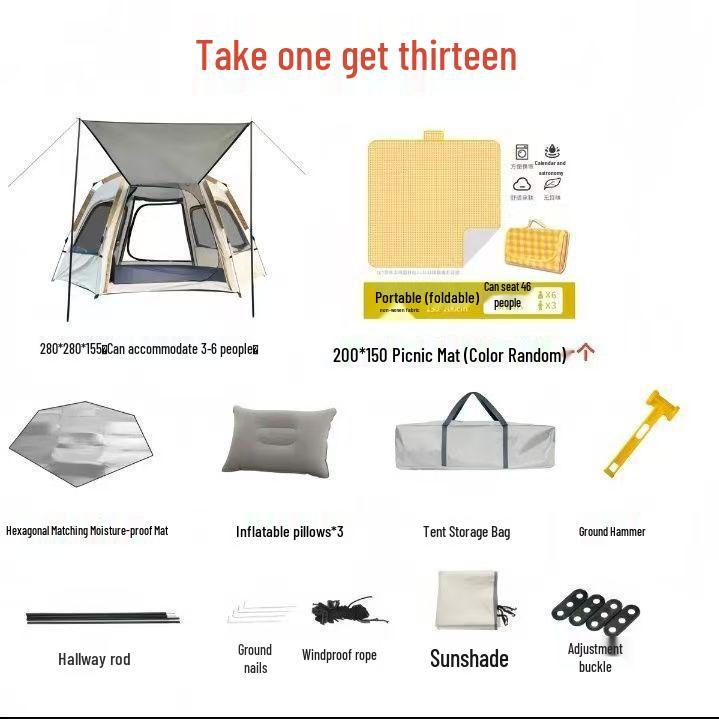 Instant Set-Up Hexagonal Tent: Multi-Person, Mosquito-Proof, Sun-Protected, Folding for Camping & Picnics.