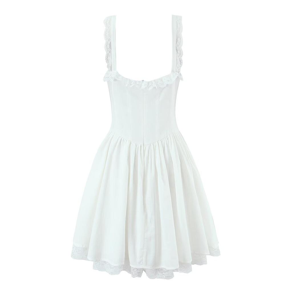 Niche French Lace Lace-up Dress for Women's Summer New Pure Desire Ins Blogger White Princess Suspender Dress