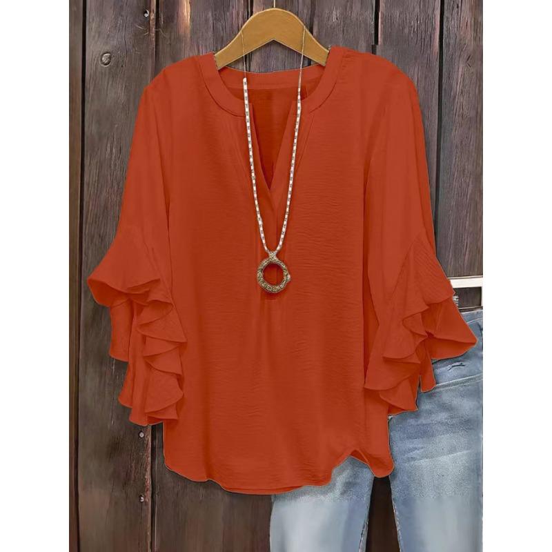 Fashion V-neck Loose Women Blouse Casual Plus Size Ruffled Seven Quarter Sleeve Shirt Spring Autumn Solid Color Sweet Simple Sweet Women's Clothing