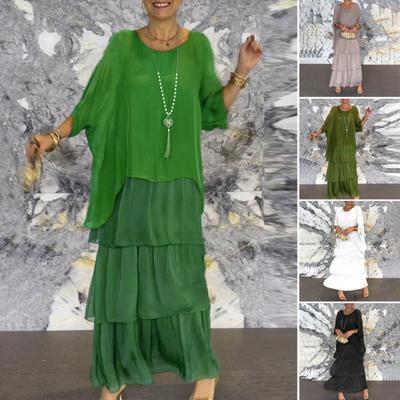 Evenig Dress Layered Scattered Cake Hem Half Sleeves Maxi Dress Bat Sleeves Baggy Round Neck Chiffon Dress for Party Prom