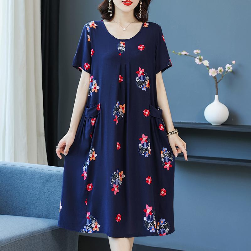 Plus Size Summer Woman Dress Vintage Short Sleeve Print Female Loose Casual Floral Dresses