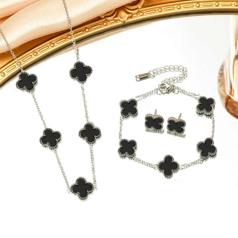 3PCS Titanium Steel Non Fading Double-sided Clover Necklace Bracelet Earring Set