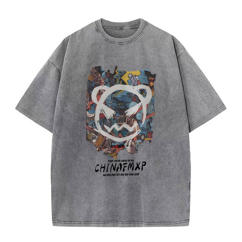 Hip hop washed and worn round neck short sleeve T-shirt fried snowflake retro loose drop shoulder hipster
