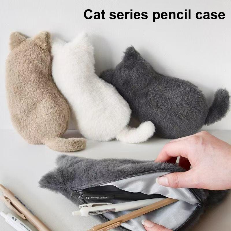 Kawaii Plush Cat Shaped Pen Bag With Soft Touch Cute Lightweight Large Capacity Stationery Storage Pen Bag Multi-Purpose Storage