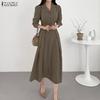 Women Casual Turn Down Collar 3/4 Sleeve Elegant Dress