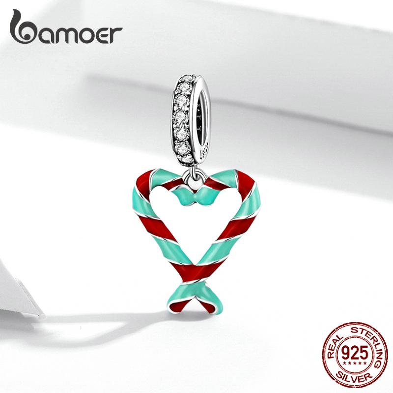 Bamoer 925 Sterling Silver Candy Canes Love Pendant Fit for Women Bracelet & Bangle Christmas Gift
