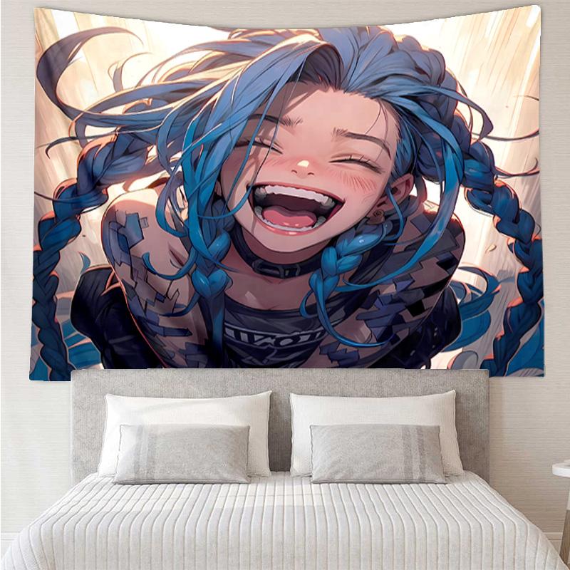 League of Legends Jinx Tapestry for Bedroom Aesthetic Classroom Tapestries Wall Hanging for Living Room Dorm Office,Ideal Creative Gift