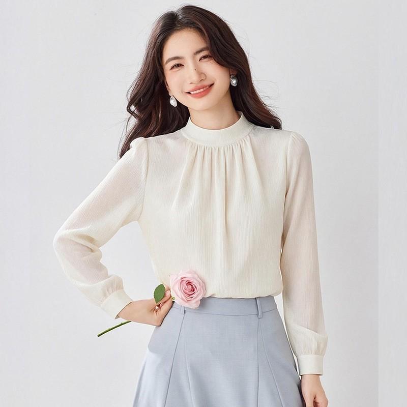 Elegant French Style Beige Chiffon Blouse Women Loose Fit Long Sleeve Shirt With Flattering Cut