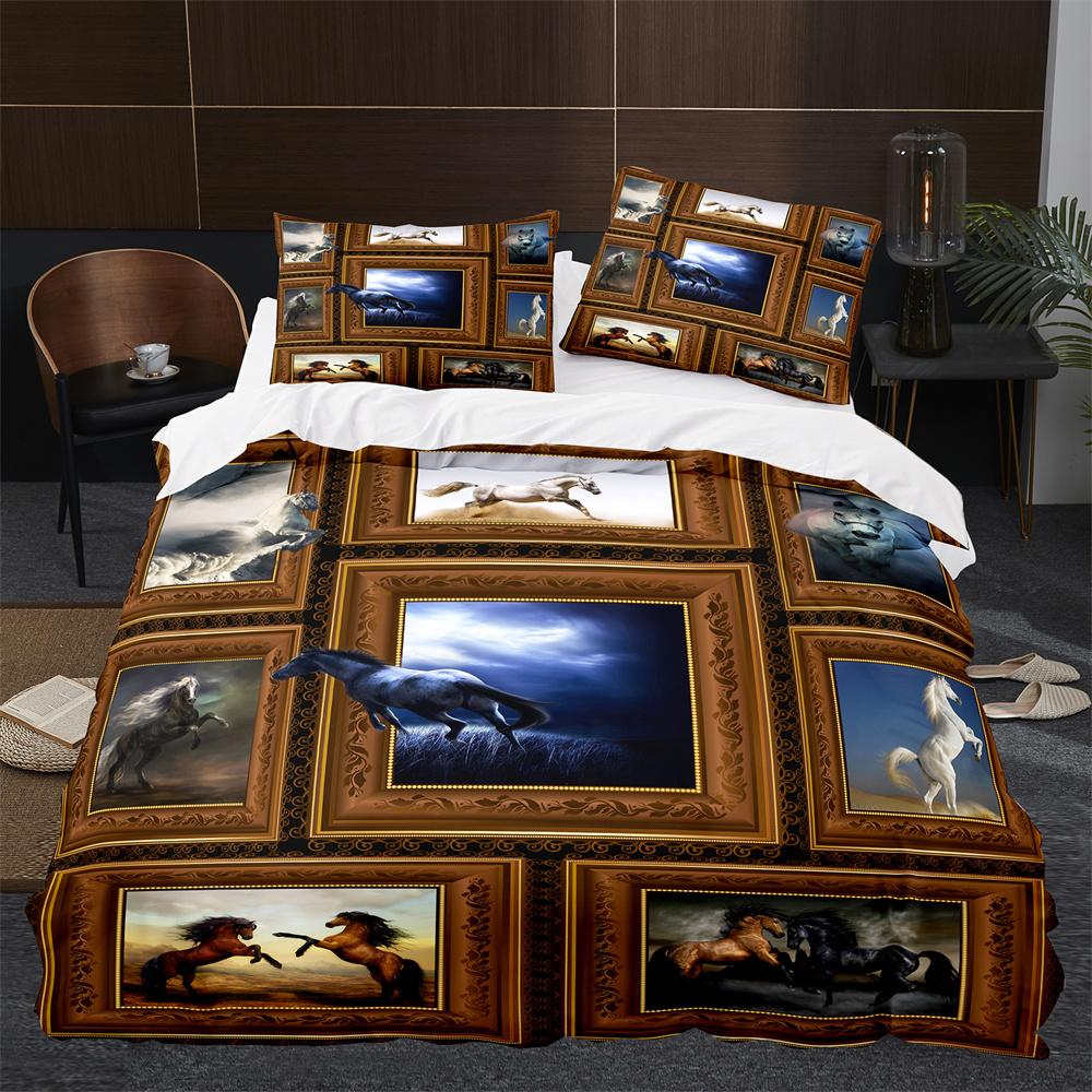3D Horse Duvet Cover King Queen Size White Running Horses Pattern Bedding Set For Kids Teens Adults Wild Animal Soft Quilt Cover