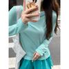Mint Green Round Neck Curved Front Shoulder Sun Protection T-Shirt Women's Long Sleeve Early Autumn Waist Slim Fit Bottoming Top