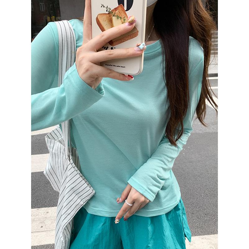 Mint Green Round Neck Curved Front Shoulder Sun Protection T-Shirt Women's Long Sleeve Early Autumn Waist Slim Fit Bottoming Top