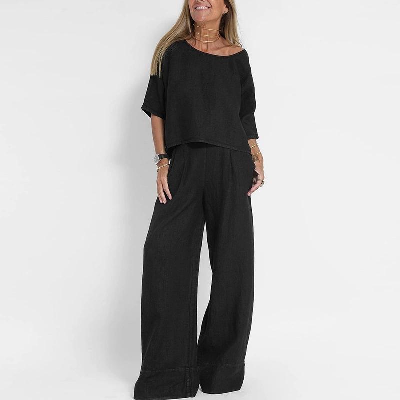 Lässige Mode Taschentaschenhose Strandanzug Frühling und Sommer Kurzarm Anzug für Damen Einfarbige Leinen Zweiteiler