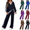 Women's Fashionable Casual V,neck Color Block Striped Long,Sleeved Top and Pants Set