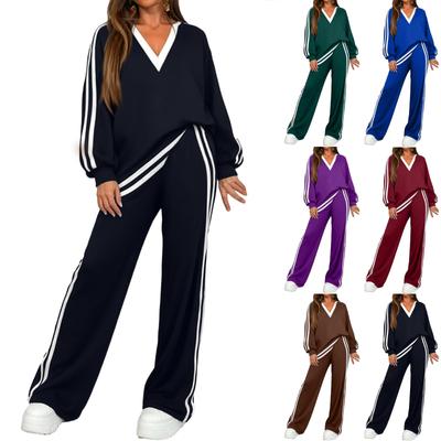 Modieuze Casual Dames V-hals Kleurblok Gestreept Lange Mouwen Top en Broek Set