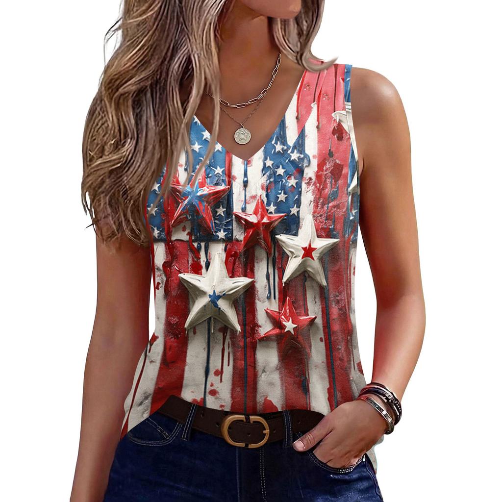 V-Neck Tank Top Women Print Tank Tee Casual Loose Fit Sleeveless Shirt