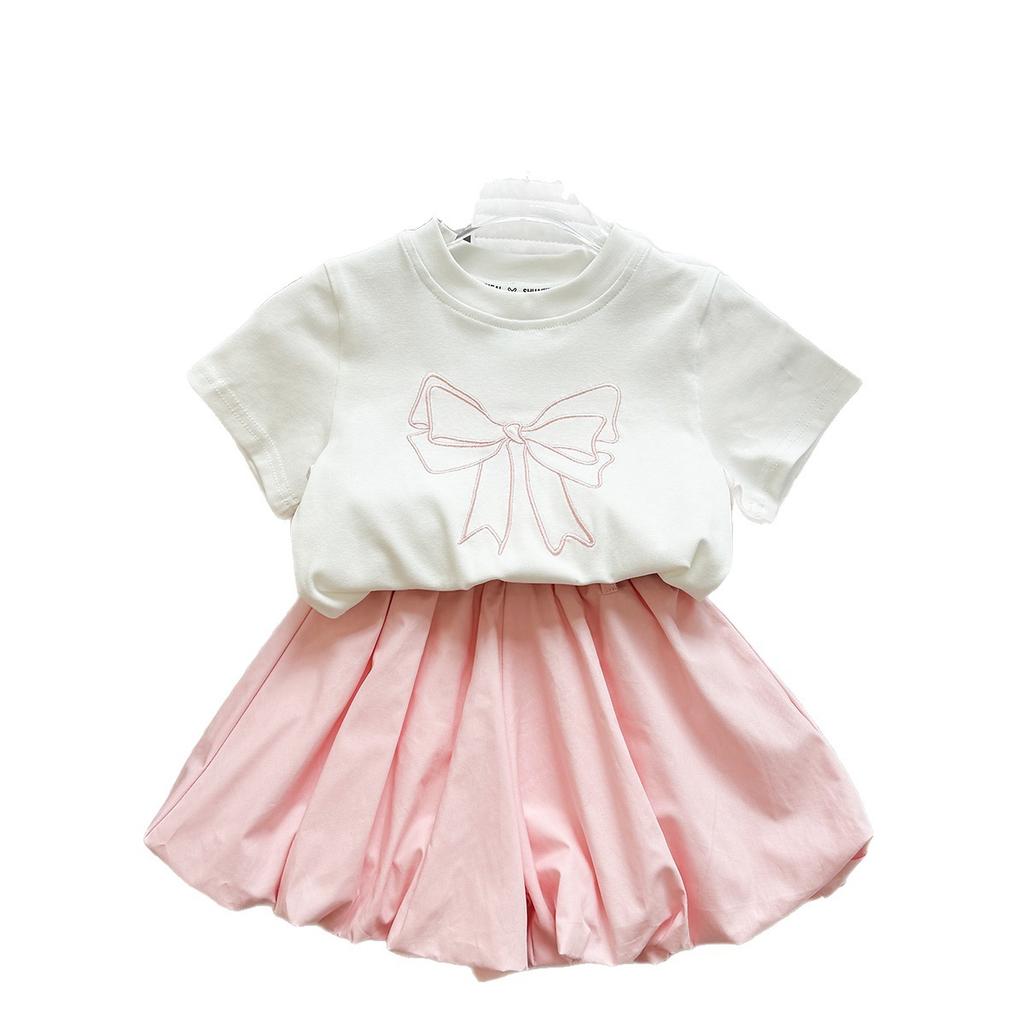 Girls' Summer Outfit New Embroidered Bow Short-Sleeve T-Shirt And Bud Shorts Casual Two-Piece Set For Girls