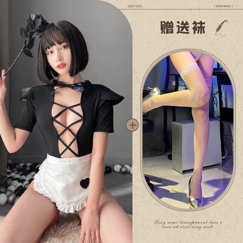 New Internet celebrity shot, sexy lingerie hollowed out maid secretary suit maid milk dress