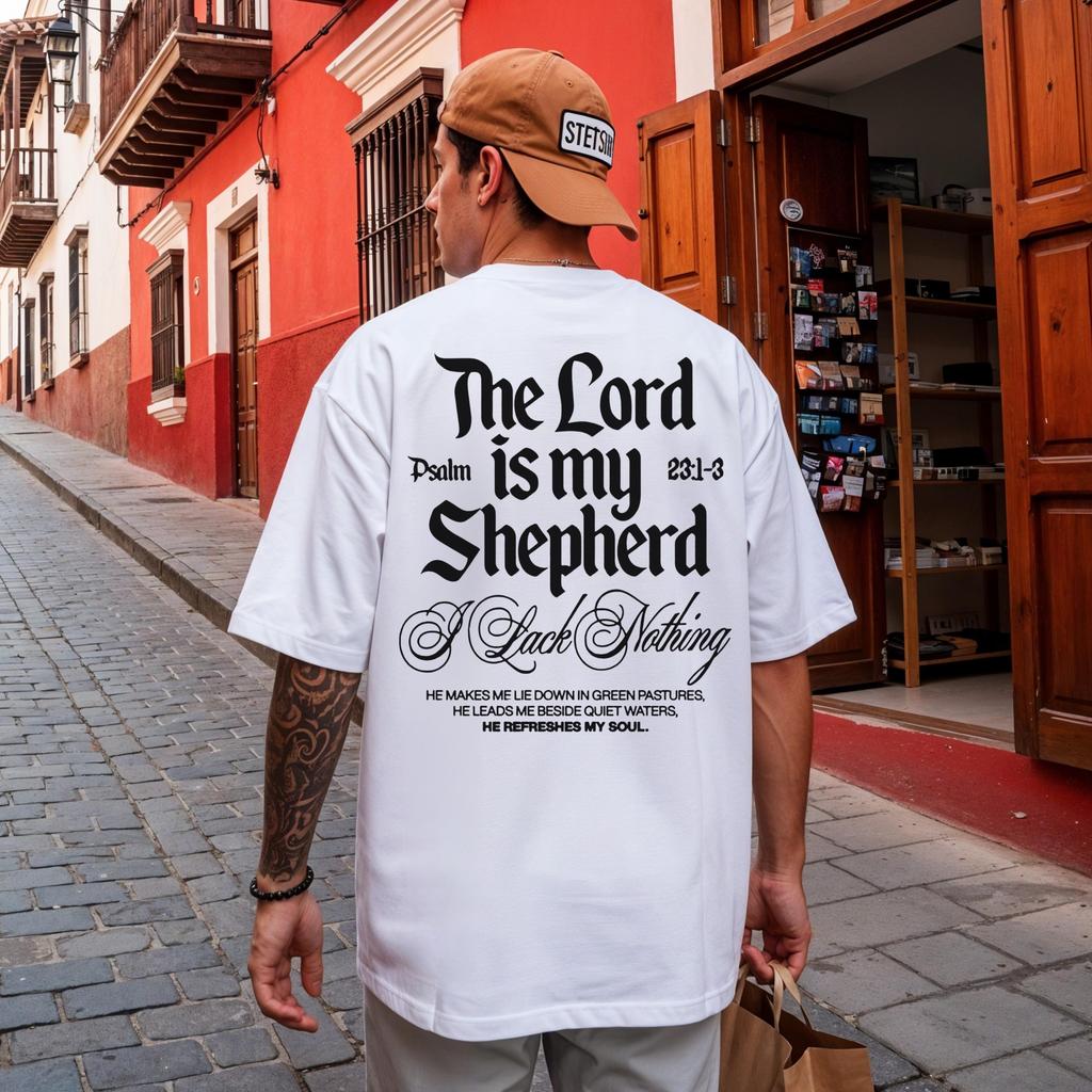 Gothic Letter Psalm The Lord Is My Shepherd Tshirt Christian Faith Back Print Oversized Unisex Casual Short Sleeve Cotton Tees