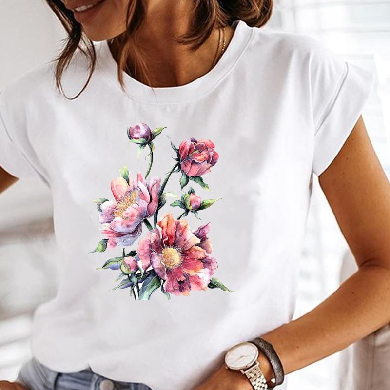 T-shirt Mode Été Haut Femme Manches Courtes Pissenlit Tendance Style Mignon Impression Mignonne T-shirt Dame Vêtement Féminin T-shirt Graphique Décontracté