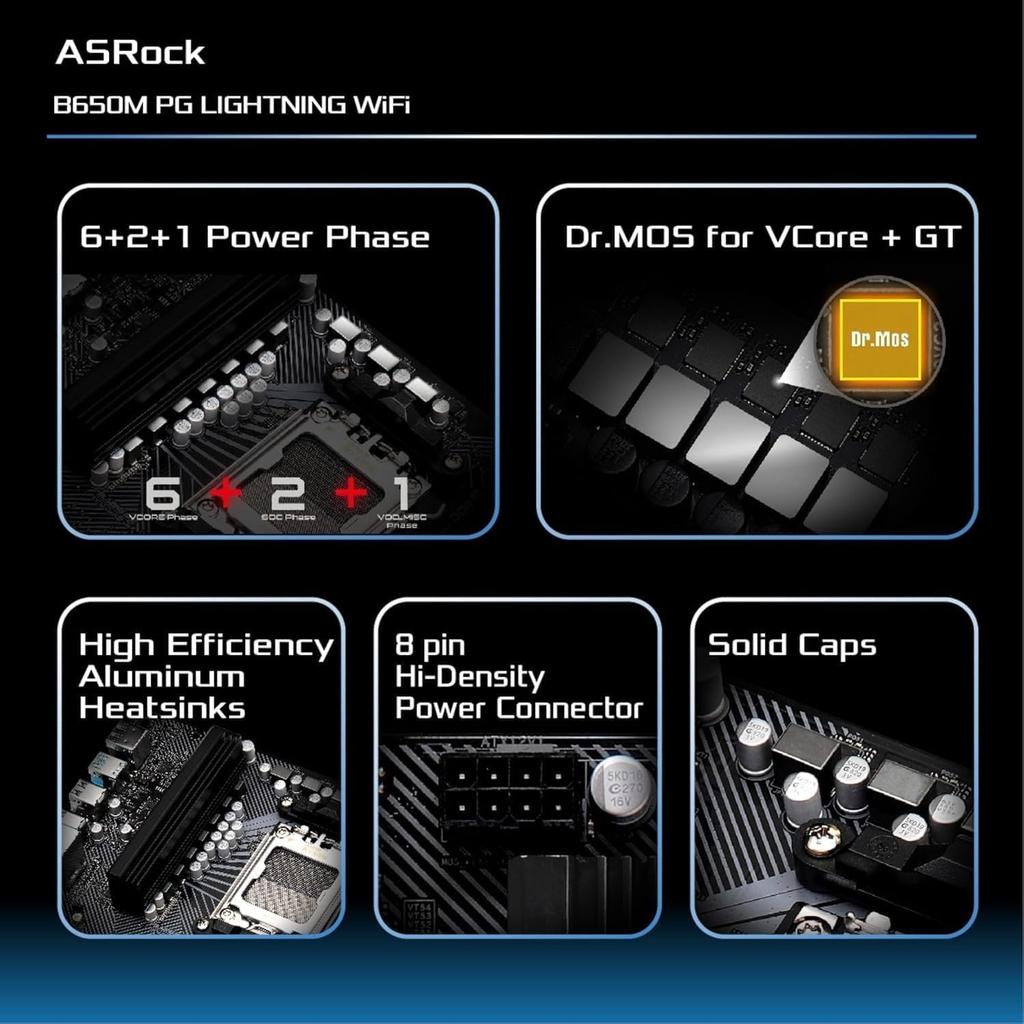 ASRock B650M PG Motherboard with Lightning AMD Ryzen 7000 Series CPU Support B650 Micro ATX Motherboard WiFi, (Socket AM5), Bluetooth, [Used]
