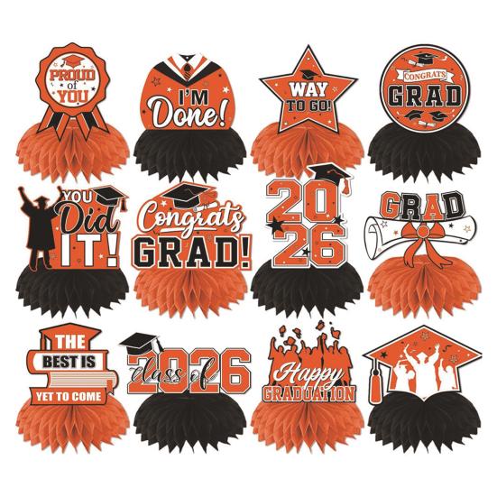 12Pcs 2026 Graduation Honeycomb Decor 3D Honeycomb Centerpieces for Commencement Party Red & Black Theme Bachelor Cap Party Decor for Table Decor &