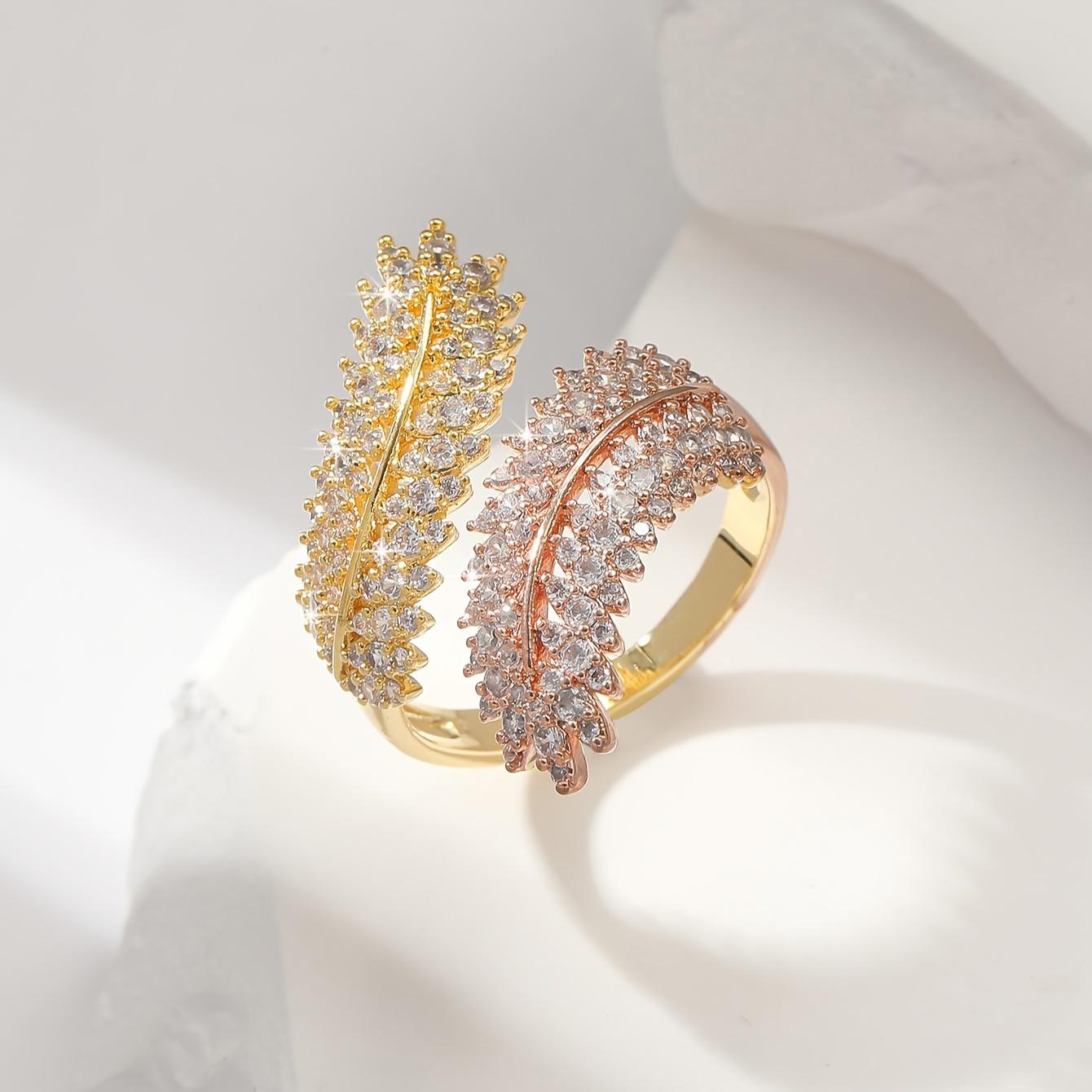 Fashionable and luxurious copper ring inlaid with zircon, featuring olive branch, leaf, and wheat ear designs, fully encrusted with diamonds, a A Type