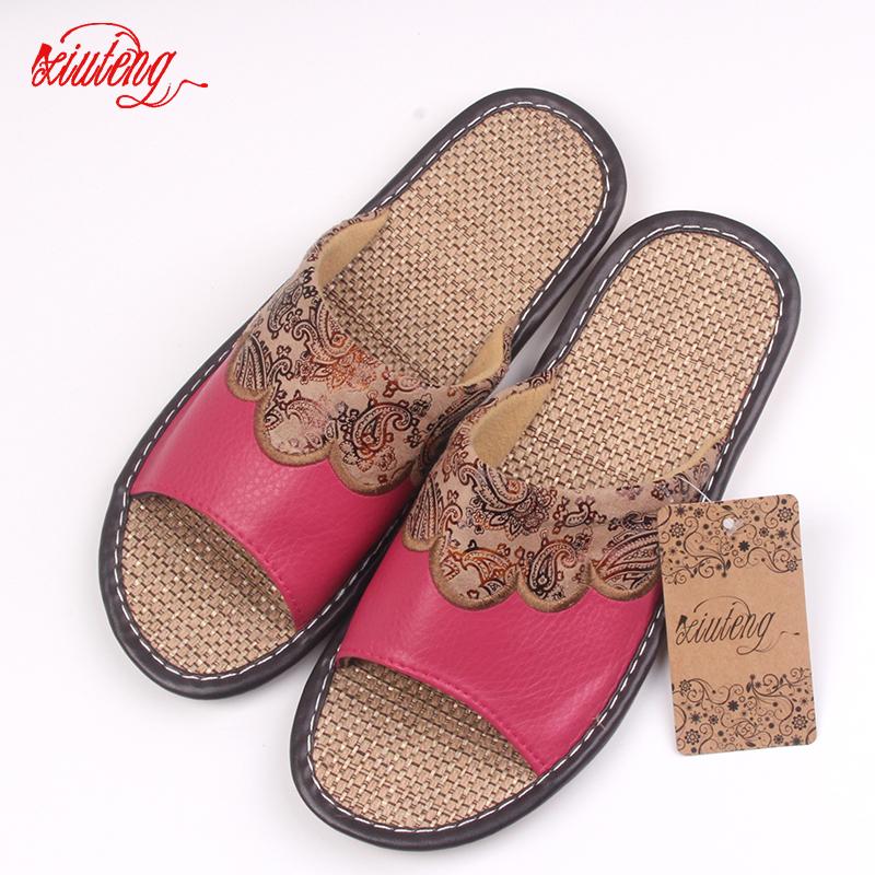 

Xiuteng 2024 Summer/Autumn Genuine Cowhide Leather Women House Slippers Flat Flax Shoes Indoor Feminina Sandals Slippe 3 Color