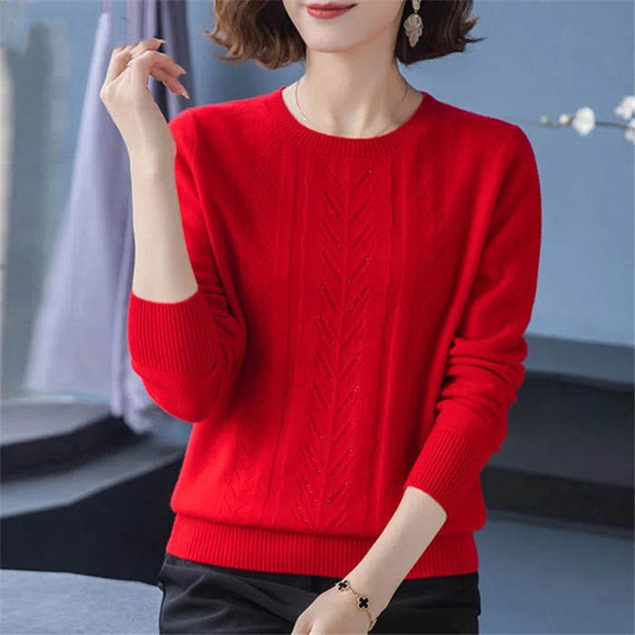 Women Spring Autumn Long Sleeve Knitwear Tops Middle-aged Mother Sweater O-neck Diamond Pullovers