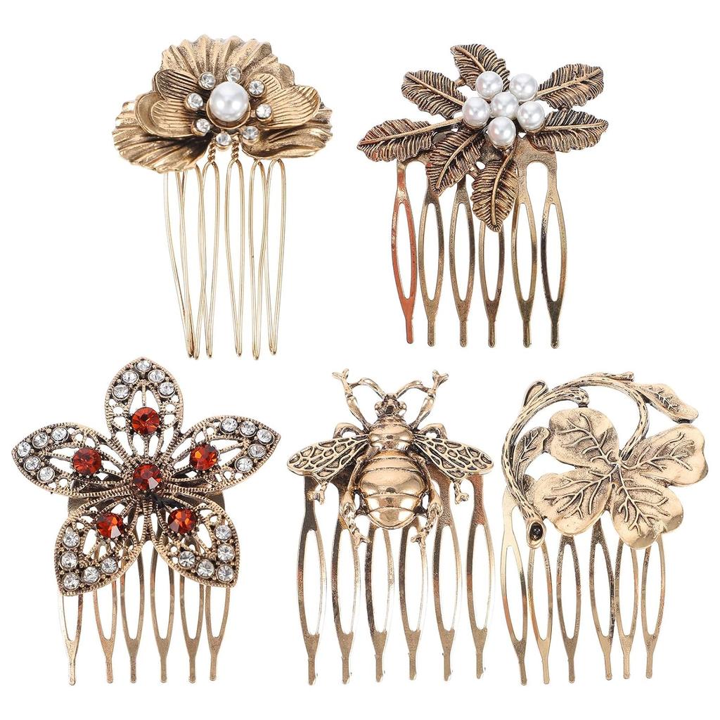 Retro Diamond Hair Accessories: 5pcs Alloy Hair Combs, Hair Veils, and Vintage Hairpins with Pearls
