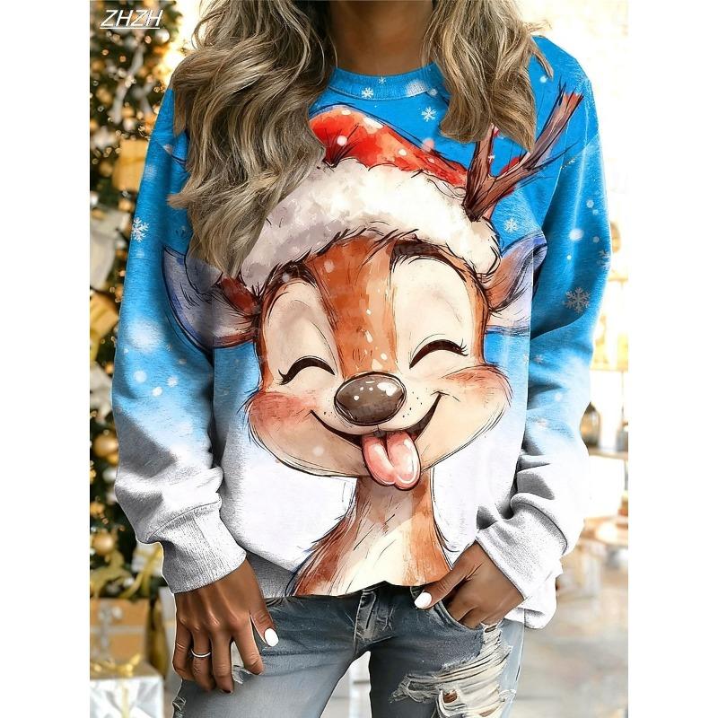 Women's Pullover Graphic Reindeer Ugly Christmas Casual Long Sleeve Crew Neck Regular Tops Street Dailywear