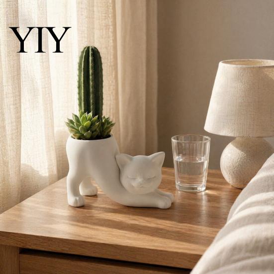 Minimalist Cream Decor 3D Printed Stretching Cat Planter Pot, Cute Kitty Succulents Creative Small Cactus Flowerpot Animal Flowerpot, Lovely