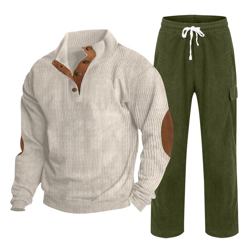 Herren Herbst/Winter Neuankömmling Sportbekleidung Zweiteiliges Set Cord Knopfleiste Henley Oberteil und Straight-Leg Hose Lässiges Ensemble