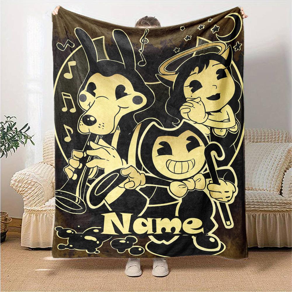 Custom Name Bendy and the Ink Machine Theme Printed Blanket - Perfect for Couch, Bed, Travel & Outdoor Use | Machine Washable, Cozy & Durable.