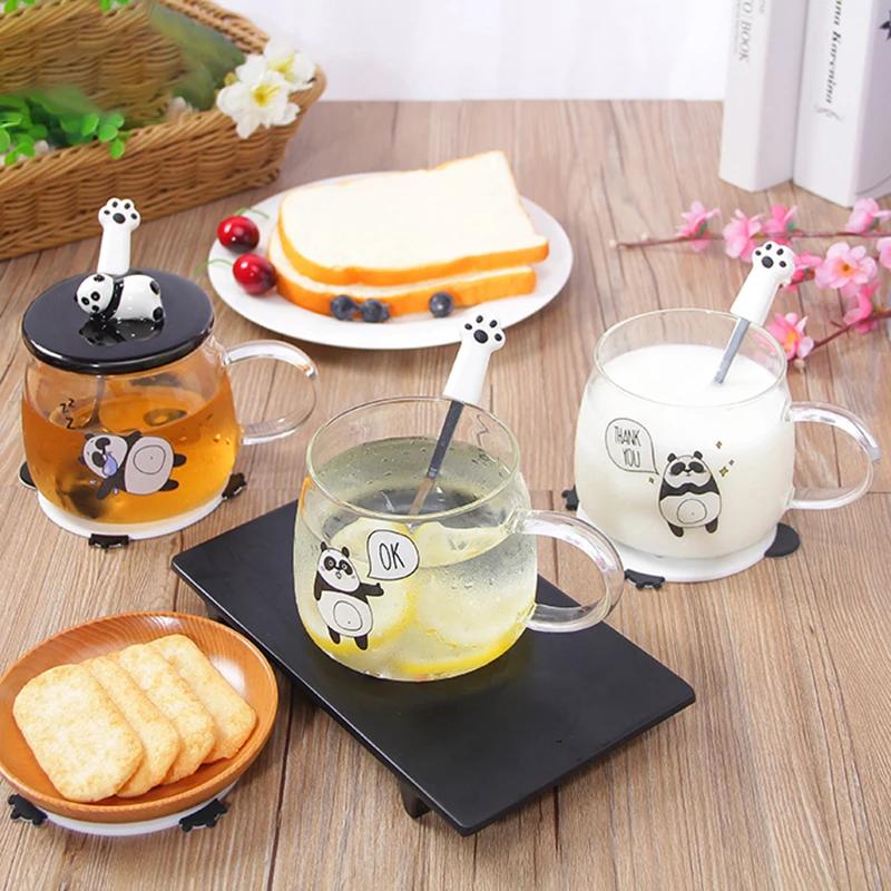 Cană de sticlă rezistentă la căldură creativă de 500 ml cu capac din sticlă borosilicată, cu desene animate de panda, cană de lapte pentru micul dejun și cafea pentru acasă