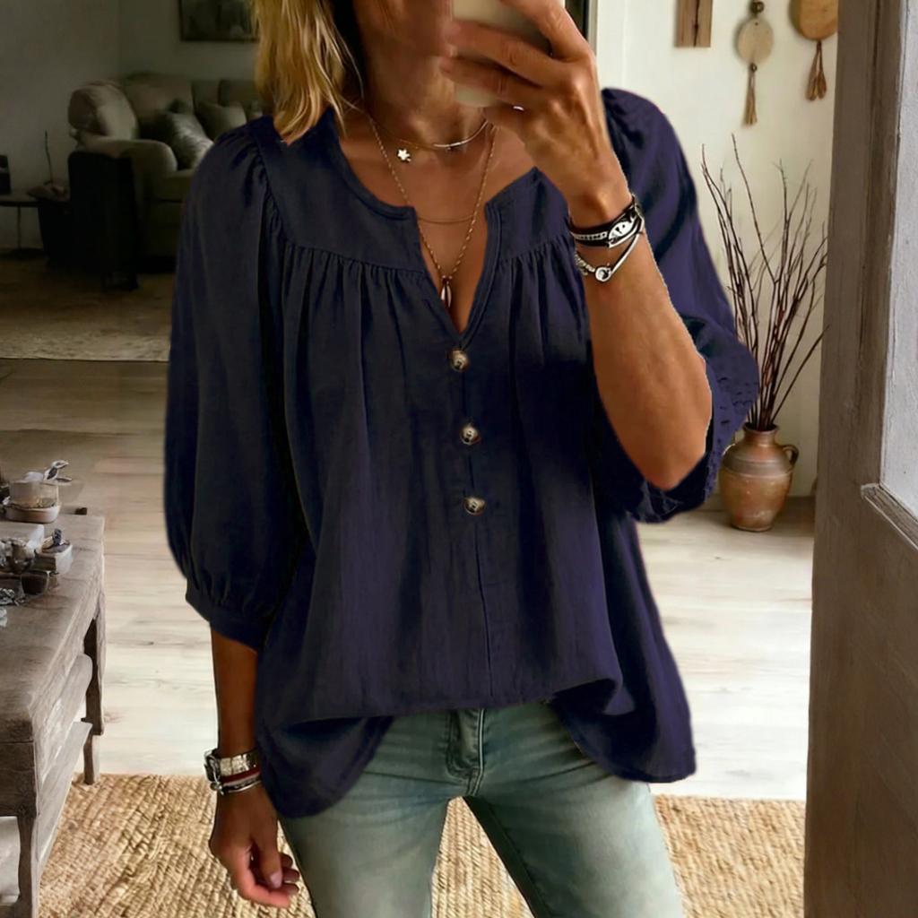 Women's Cotton And Linen Three-quarter Sleeve Button Casual Loose T-shirt