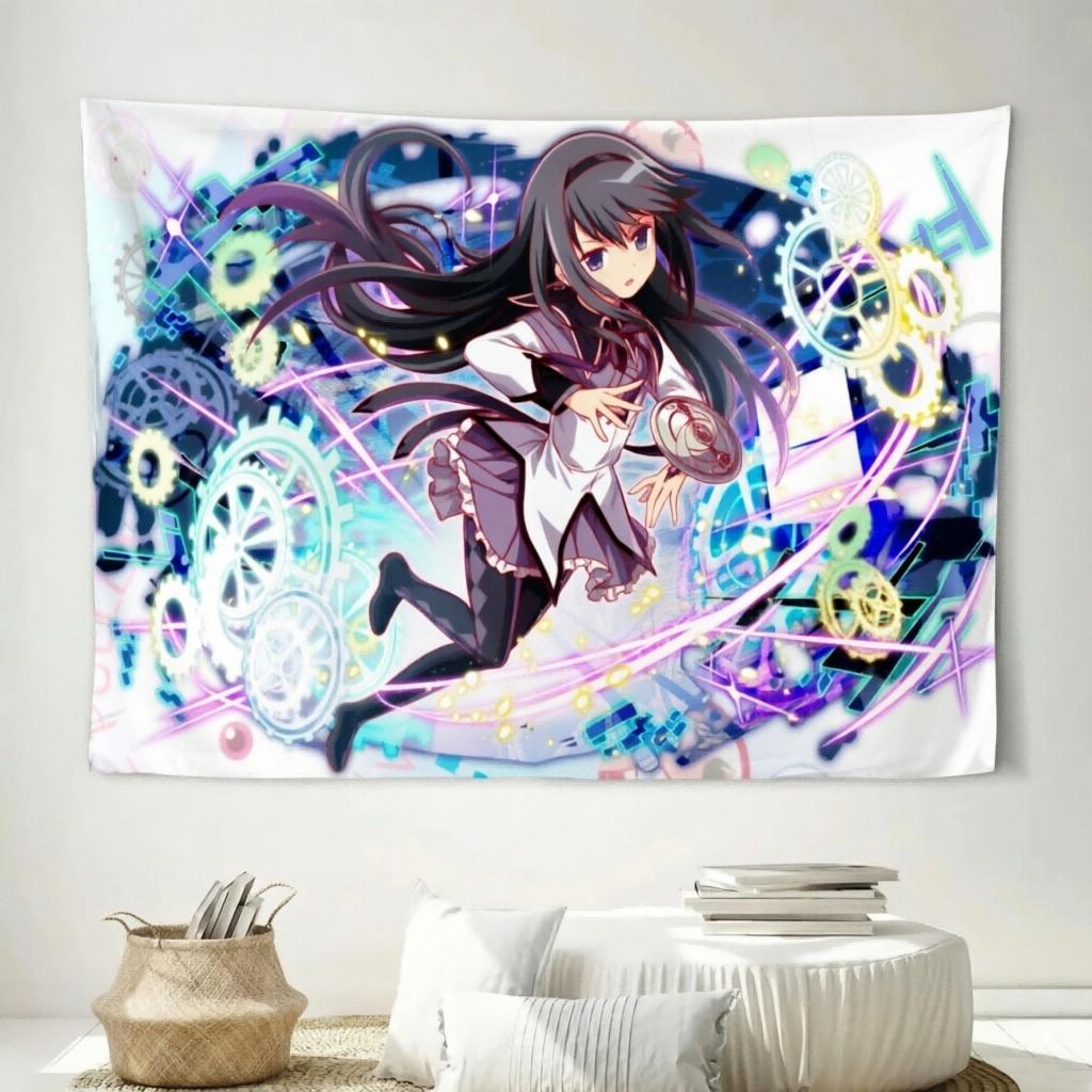 1pc Time Gears Battle Tapestry Purple Blue Sparkle Anime Print Wall Hanging Decor For M-Madoka M-Magica Fans Bedroom