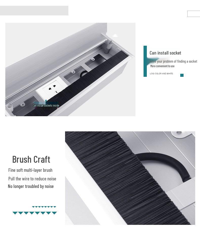 Aluminum Office Desk Cable Cover with Bristles - Sound-Dampening Rectangular Wire Organizer