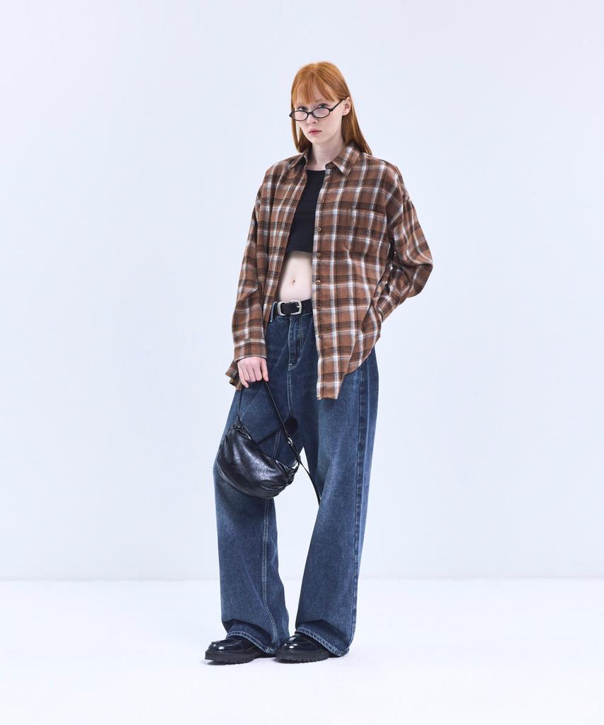 VIVABROWN 85-Viva068 House Forest Oversized Pocket Long Sleeve Check Shirt Brown
